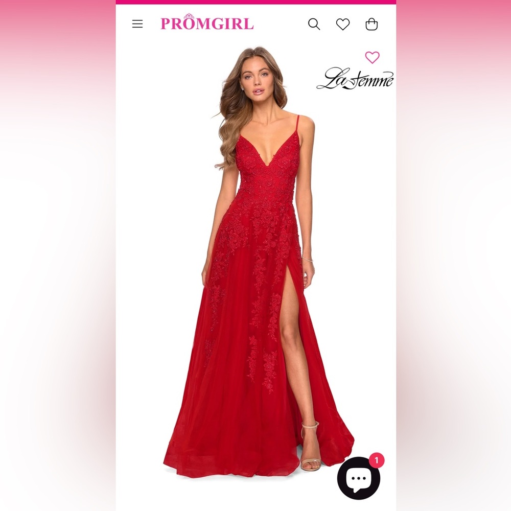 La Femme Red Prom Gown Appliqué Size 6 Plunging V Neck with Slit